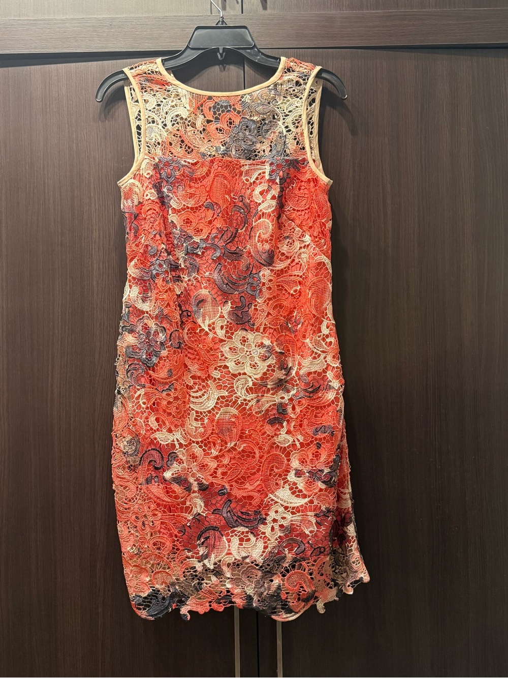 Donna Ricco Coral Red and Cream Floral Lace Mini Dress